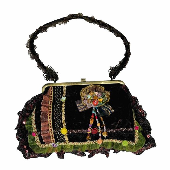 Ziba Velvet Beaded Purse Vintage Cottagecore Floral Lace Boho Romantic Handbag - Picture 10 of 16